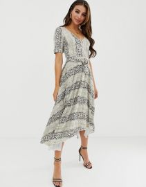 ASOS DESIGN v neck midi dress with pleated skirt and belt in snake print   ASOS at Asos